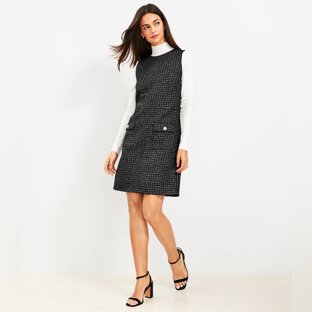 New Loft Metallic Tweed Button Pocket Dress Womens 0 Black Shift Classic Preppy